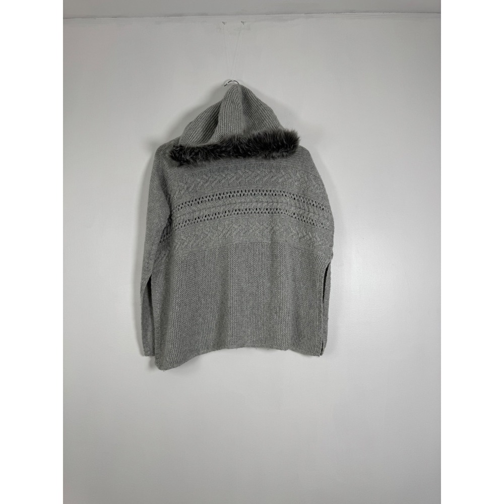Cozy Cabin Unbranded Women L Poncho Grey Faux Fur Hood Cable Knit Cape